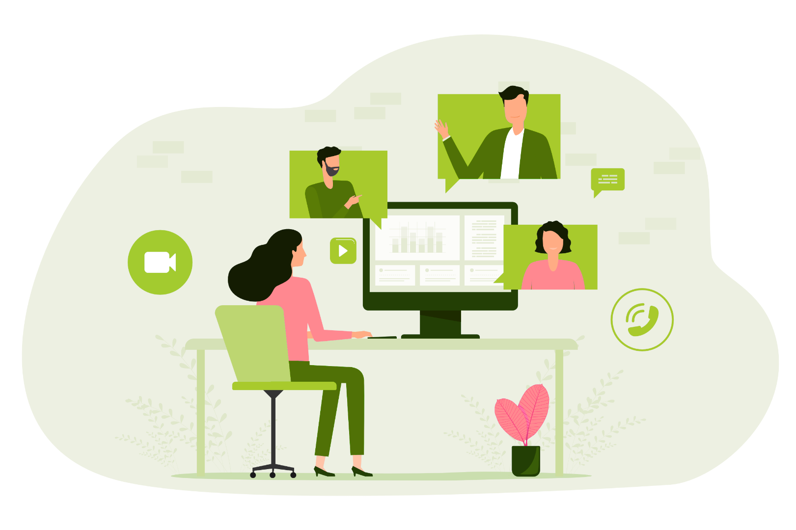 Eine Illustration mit einer Frau an einem Schreibtisch, die mithilfe ihres Computers mit anderen Menschen in Kontakt ist