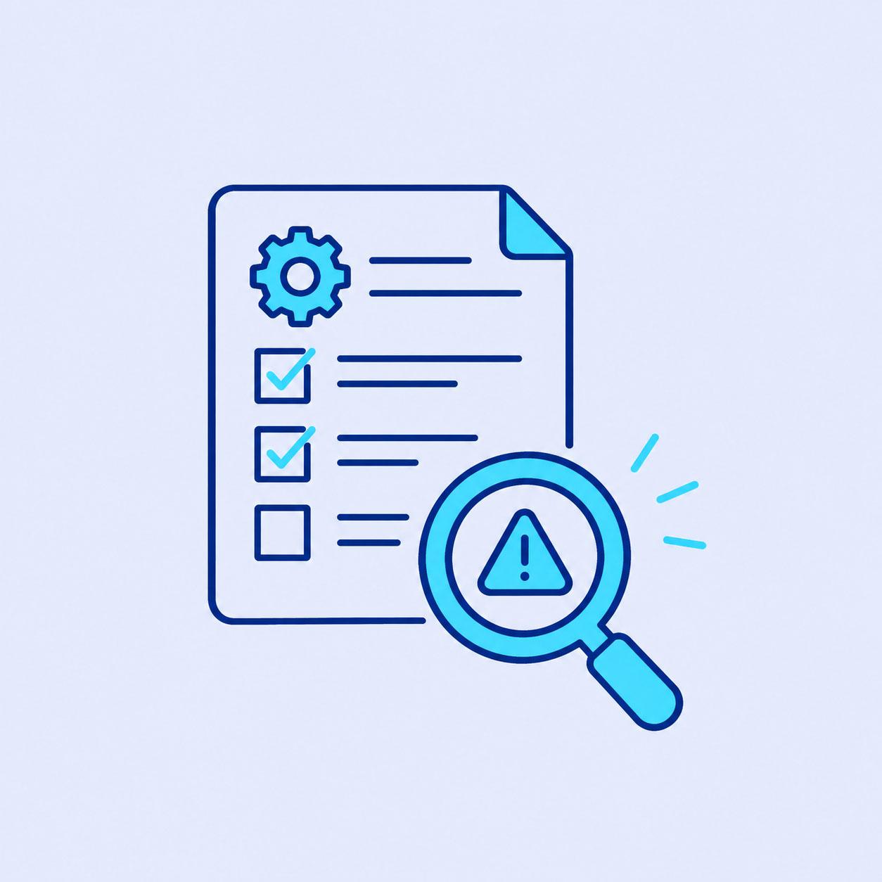 Audit A document with to-do items and a magnifying glass showing an exclamation point