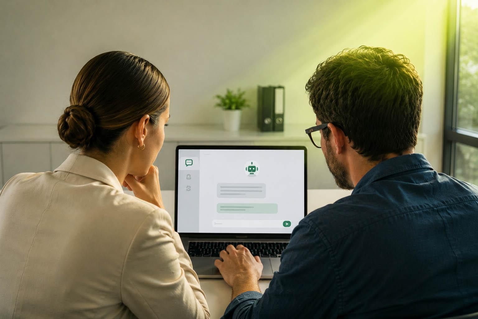 Arbeit mit KI Eine Frau und ein Mann sitzen vor einem Laptop und chatten mit einer KI