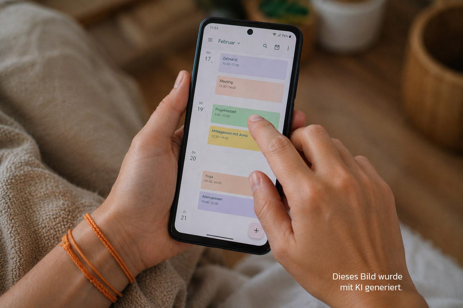 Kalender Two hands are holding a mobile phone; the screen shows a calendar with colourful appointments