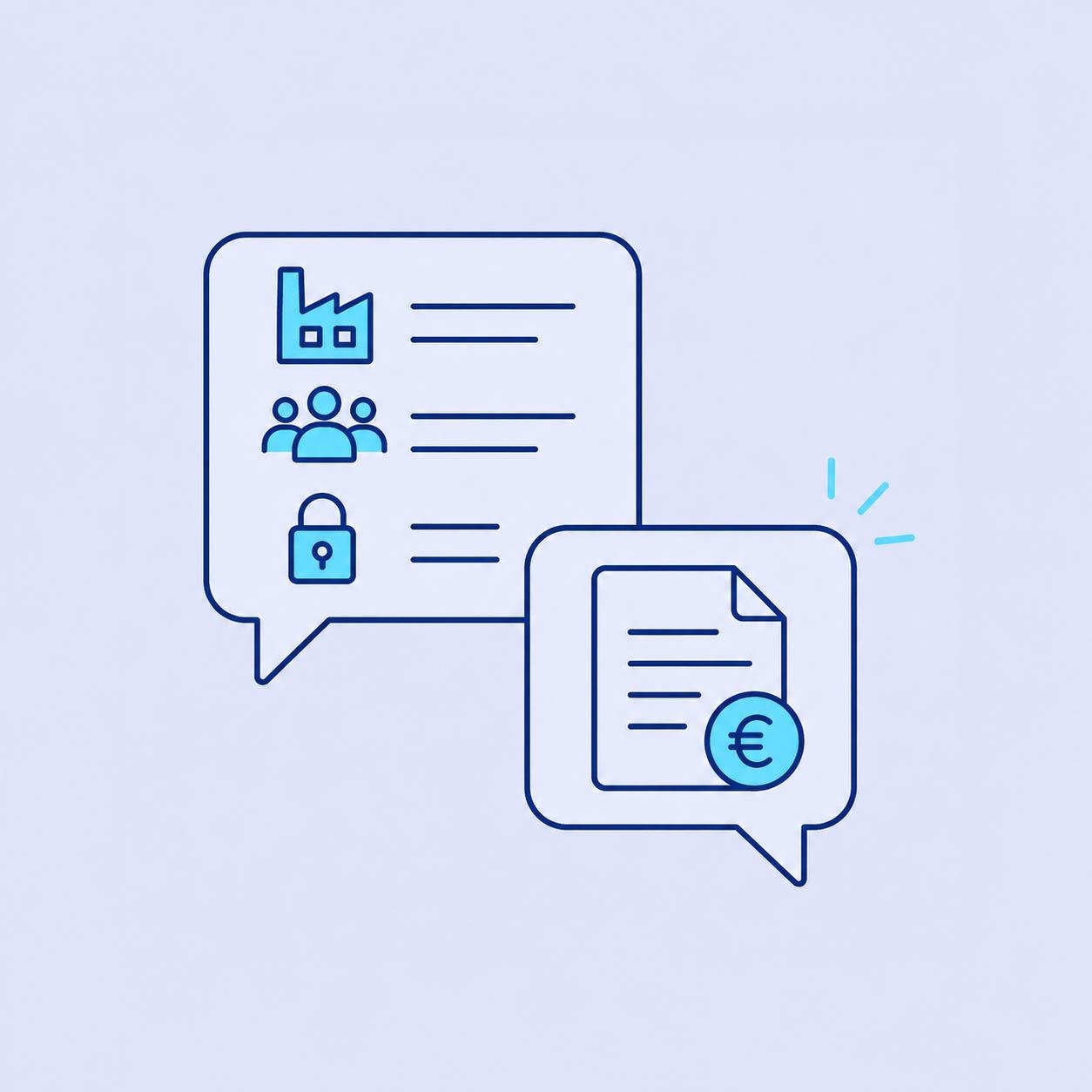 Two speech bubbles: one shows a factory and people, and the other shows a euro symbol