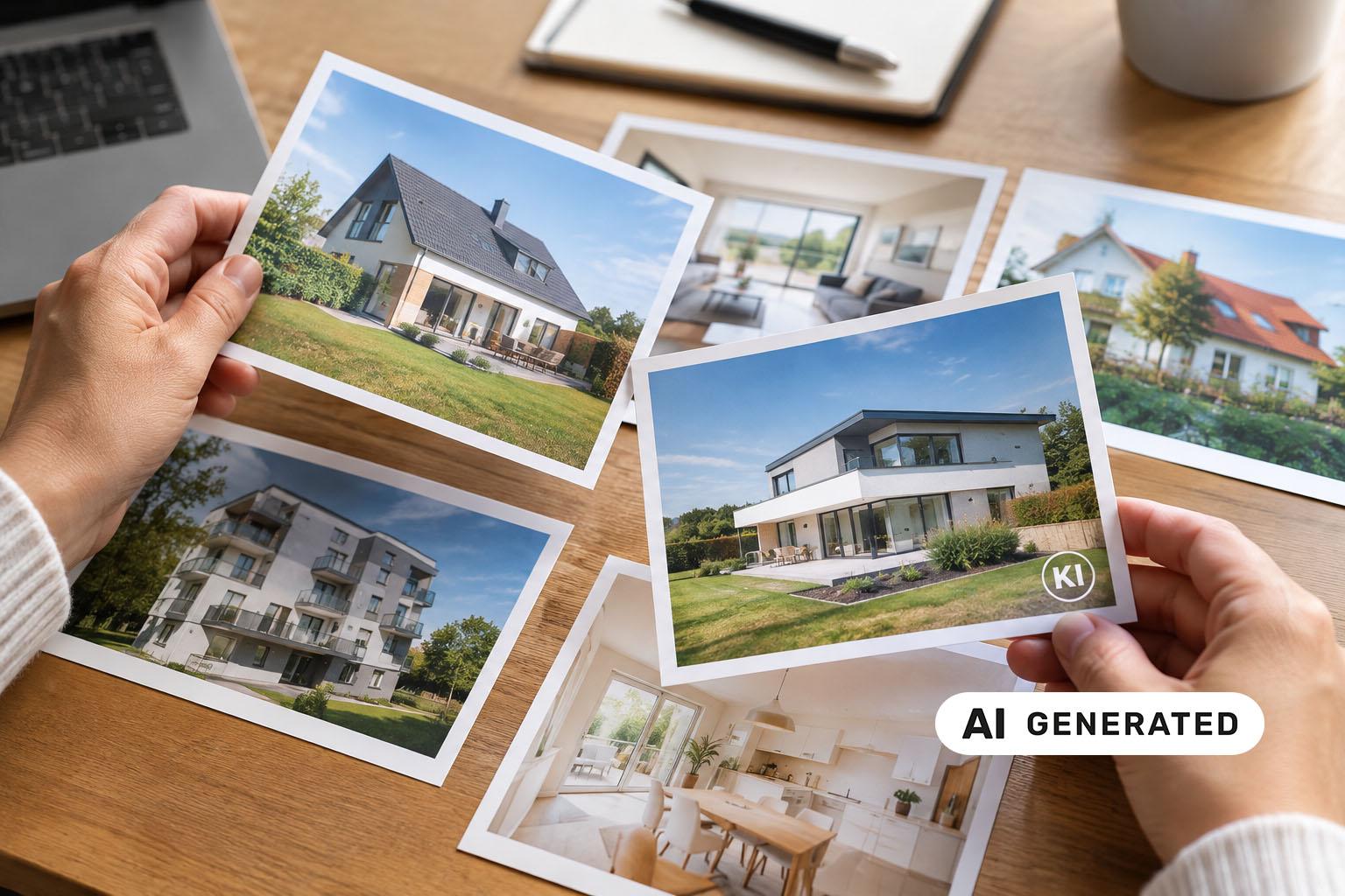 Two hands are holding pictures of houses on a desk. One of the pictures has an AI icon in the lower right corner. The entire image is labeled as having been generated by AI.