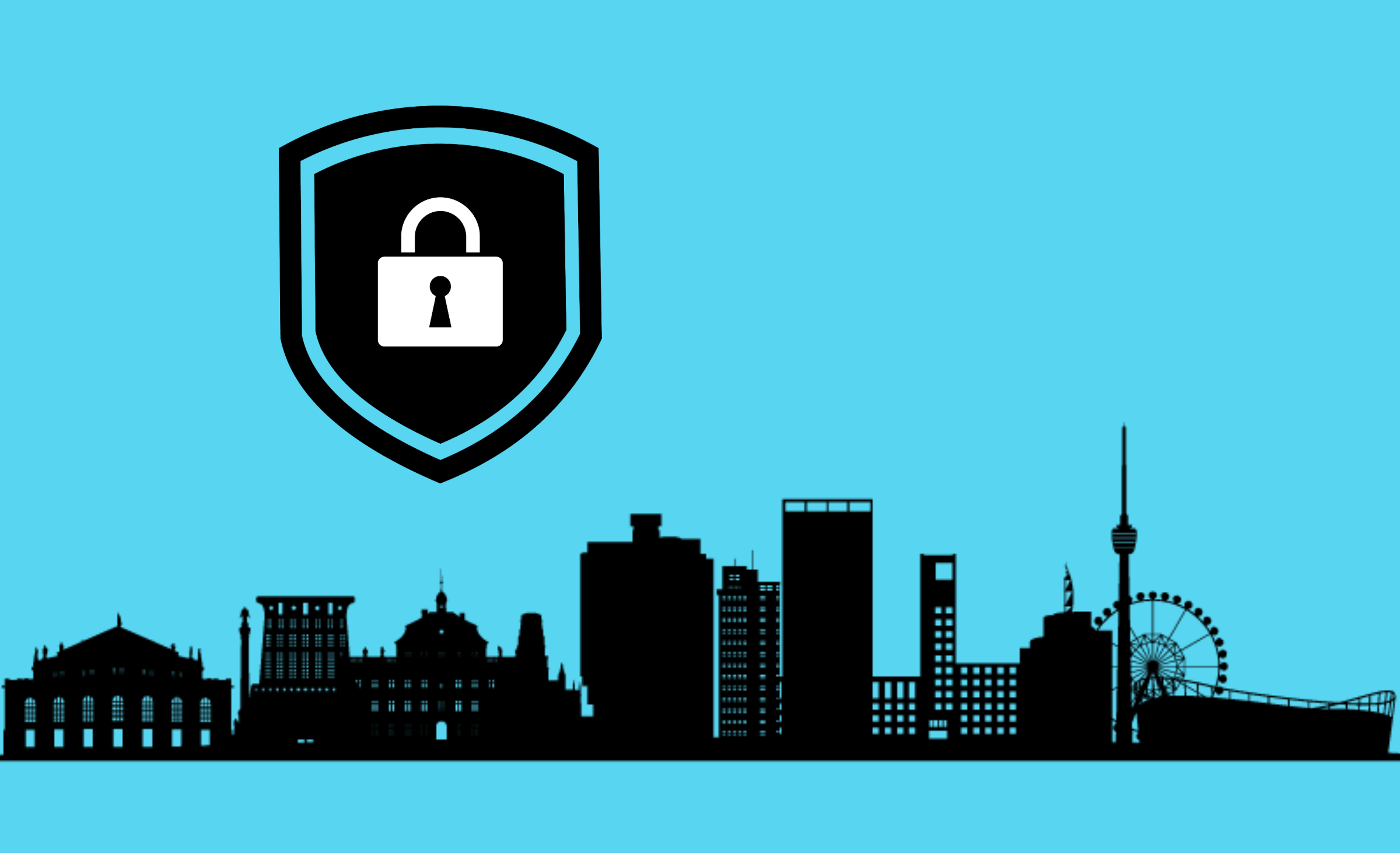 Skyline Stuttgart Skyline von Stuttgart, darüber schwebt ein Schild mit einem Schloss